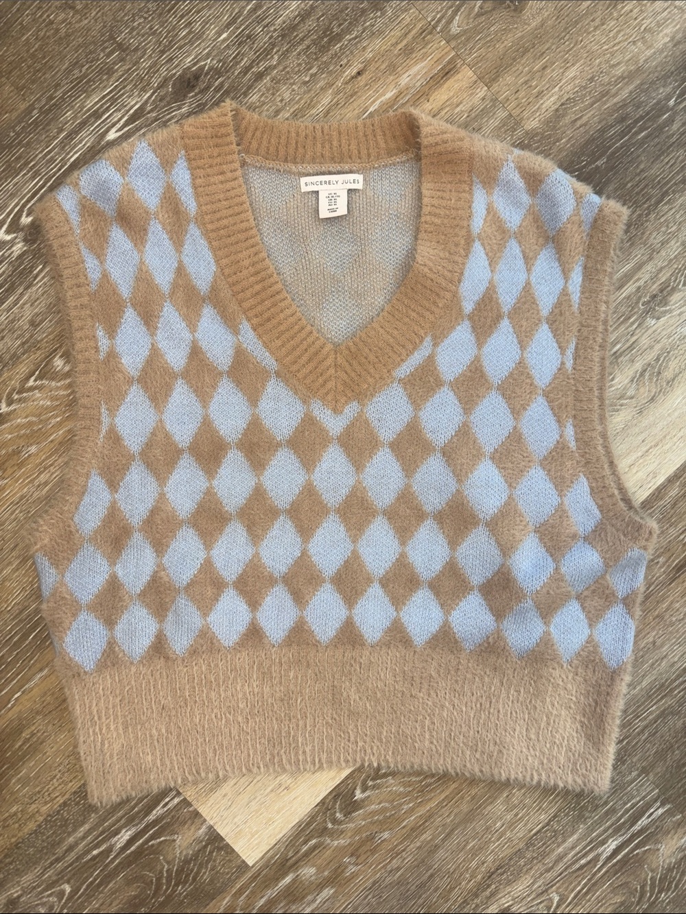 Sincerly Jules Light Blue Camel Argyle V-Neck Sweater Vest Sz XL fall layer Y2K